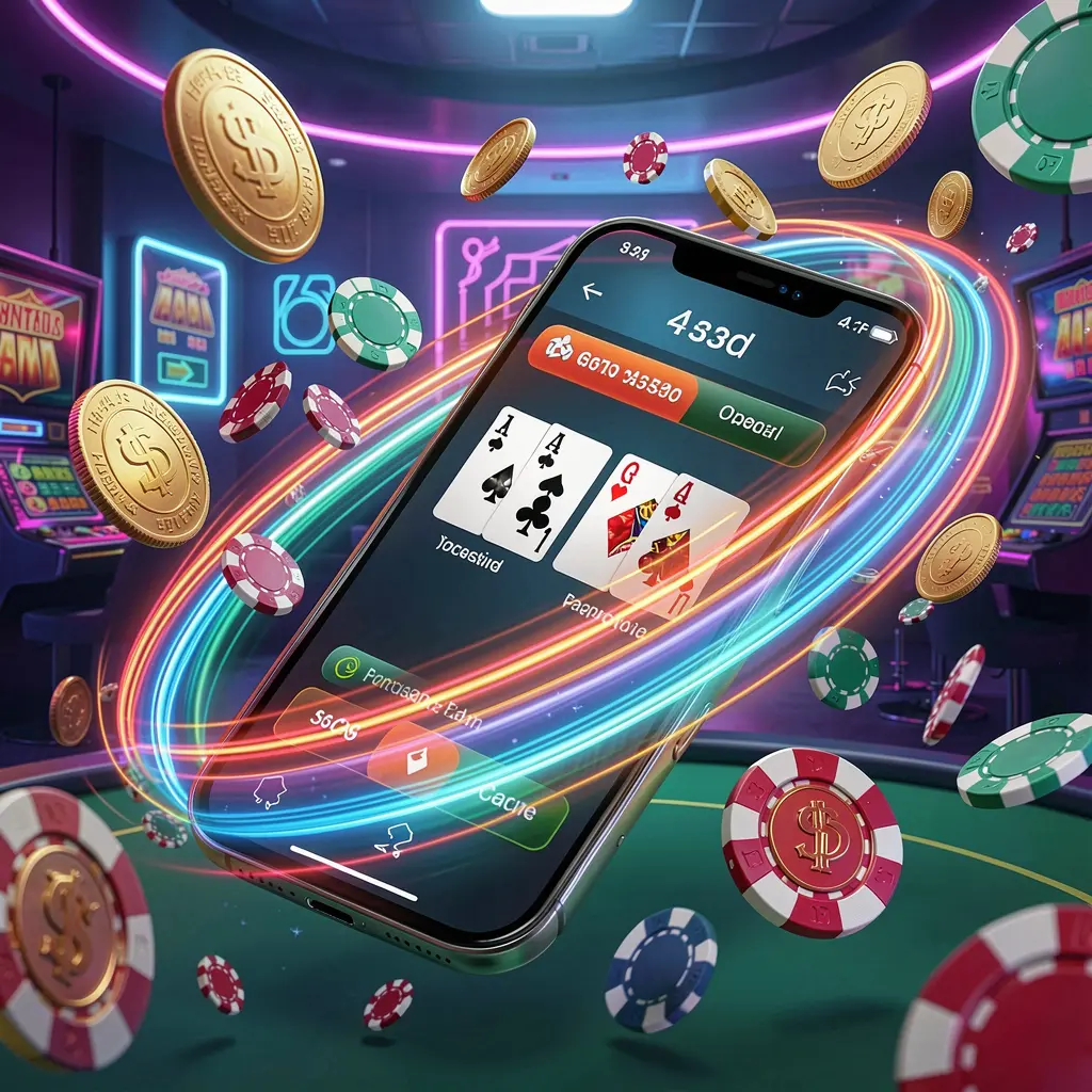 Smartphone displaying the CCGG WIN casino app with speed light trails, flying coins and chips against a modern neon casino background in a dynamic 3D render