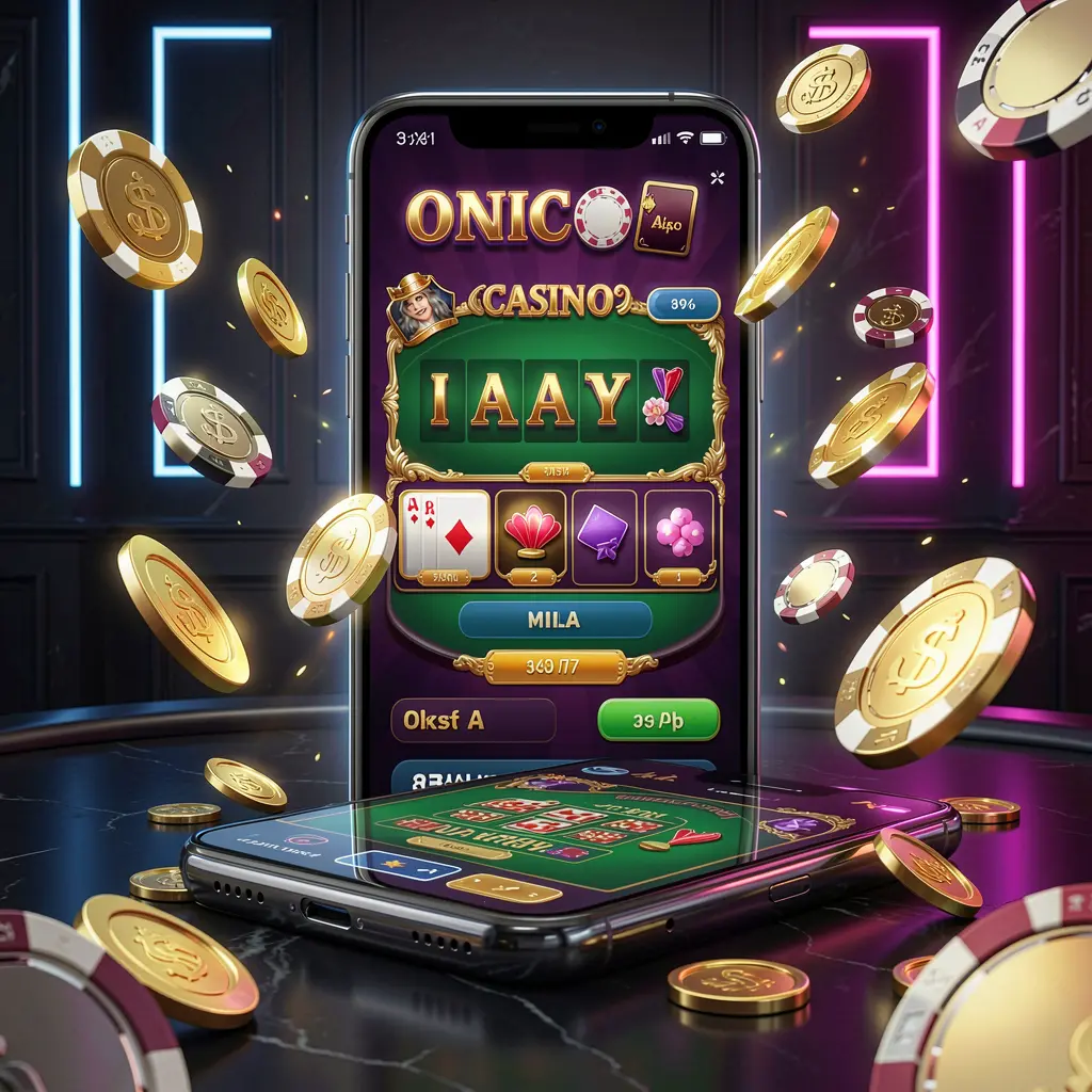 CCGG WIN online casino mobile app hero banner featuring a modern smartphone with glowing casino interface, golden coins and poker chips flying around against a dark luxury background with neon accents