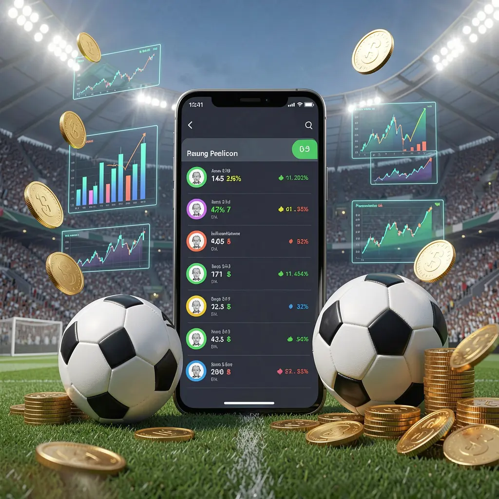 CCGG WIN football prediction betting scene showing a smartphone with match statistics interface, a soccer ball, coins, and glowing data charts floating around in a modern stadium background