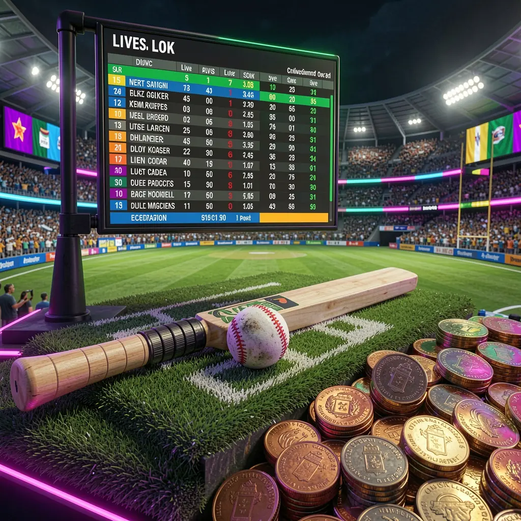 CCGG WIN cricket sportsbook scene showing a packed cricket stadium with a green field, bat and ball, digital live odds panels, coins, and neon lighting in a cinematic 3D render
