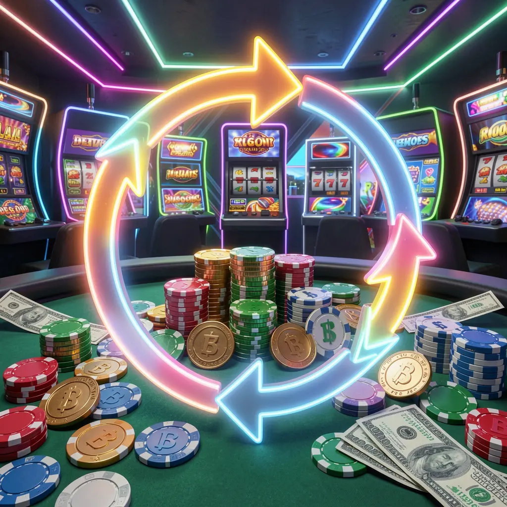 CCGG WIN reload bonus casino visual featuring glowing circular arrows around coins, chips, and cash with a modern neon casino background in a high detail 3D render