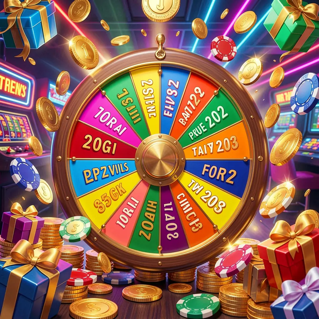 CCGG WIN casino bonus wheel with colorful prize sections, surrounded by golden coins, chips, and gift boxes under bright neon casino lights in a dynamic composition