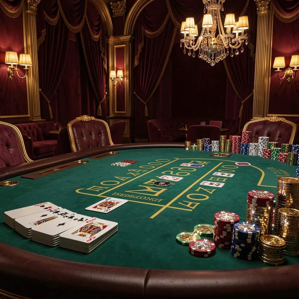 Luxury casino scene featuring a blackjack table with poker cards, stacks of chips, and sparkling coins against a dark red and gold background, showcasing the elegant CCGG WIN brand atmosphere