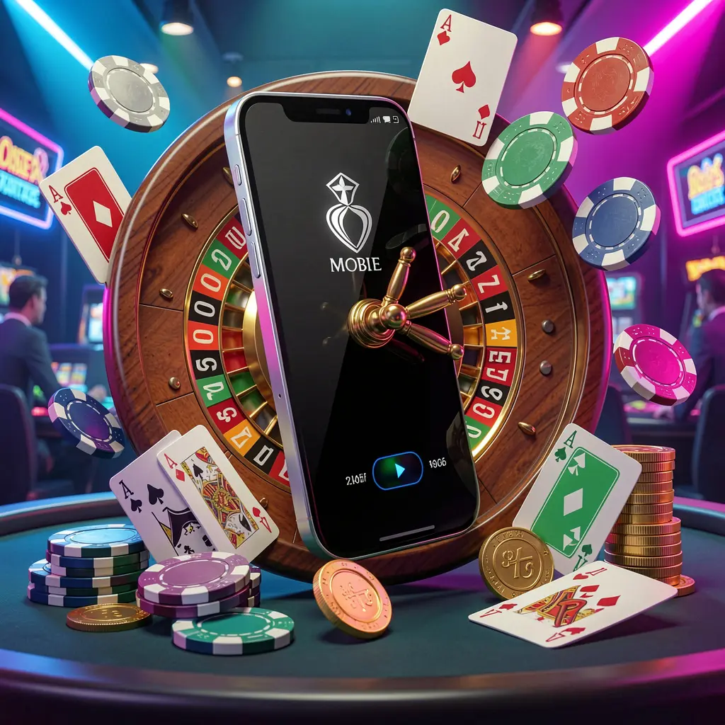 CCGG WIN mobile casino experience showing a smartphone surrounded by a roulette wheel, chips, cards, and coins in a bright neon casino atmosphere