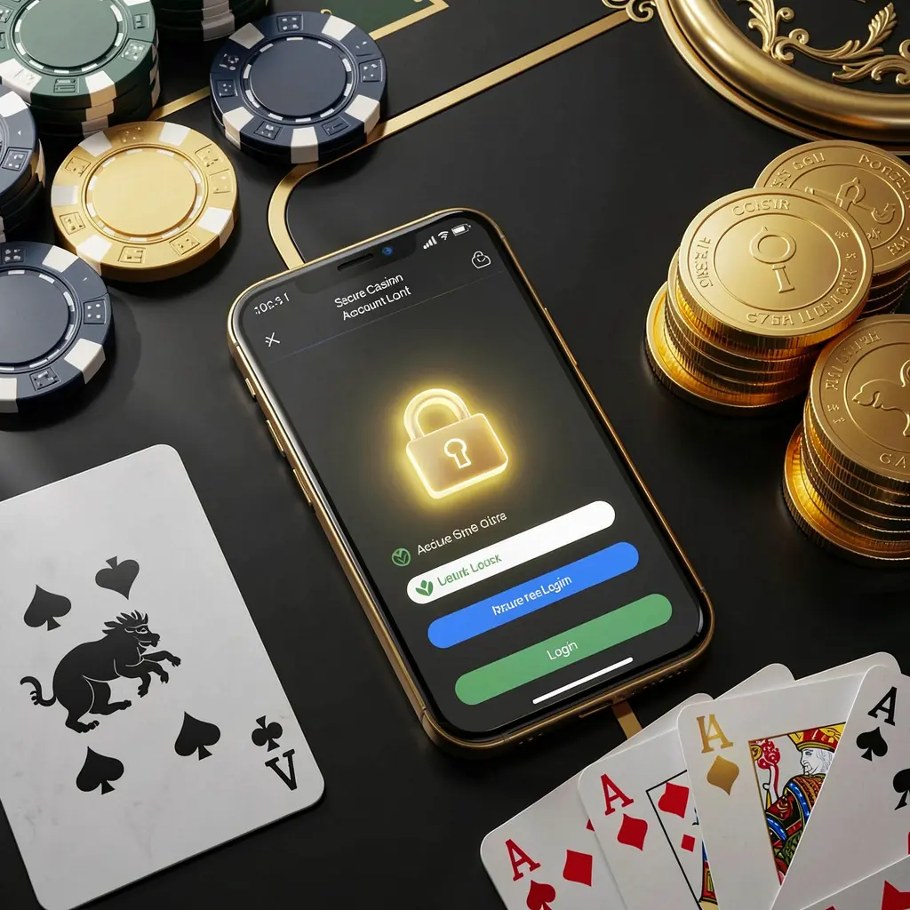 CCGG WIN secure casino account login concept showing a glowing lock icon on a smartphone screen with poker chips, playing cards, and golden coins nearby against an elegant black and gold background
