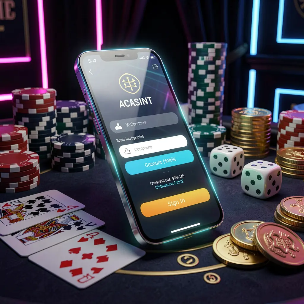CCGG WIN casino account sign in scene with a glowing smartphone on a casino table surrounded by cards, chips, dice, and gold coins against an elegant dark background with neon highlights